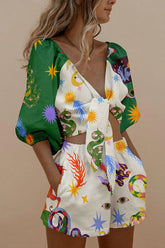 Naturally Me Set aus Leinenmischung mit einzigartig bedruckter Bluse mit Bindeband vorne und Shorts mit Taschen und elastischer Taille